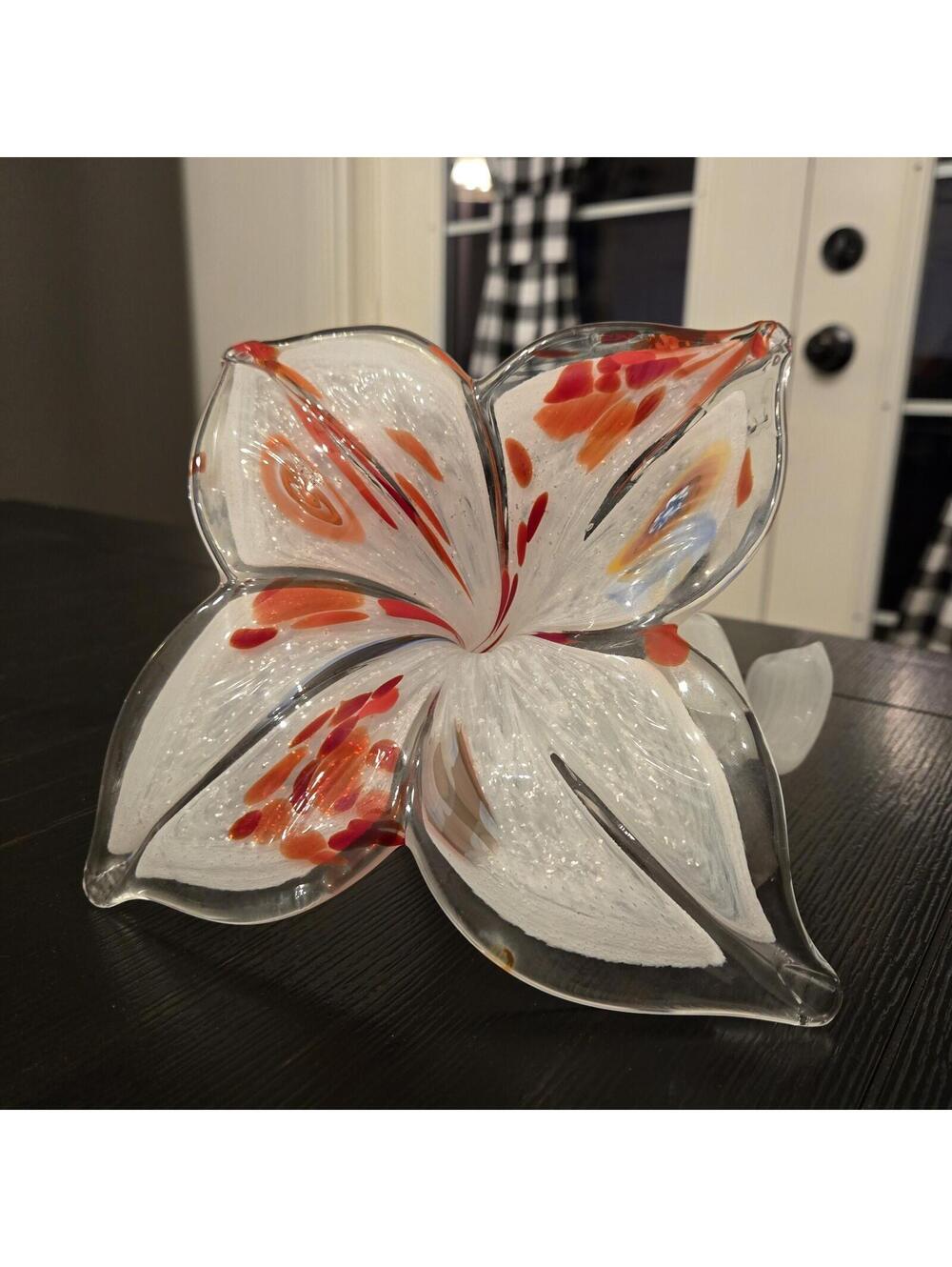 Vintage Hand Blown Art Glass Lily Flower Taper Candle Holder Murano Style, EUC